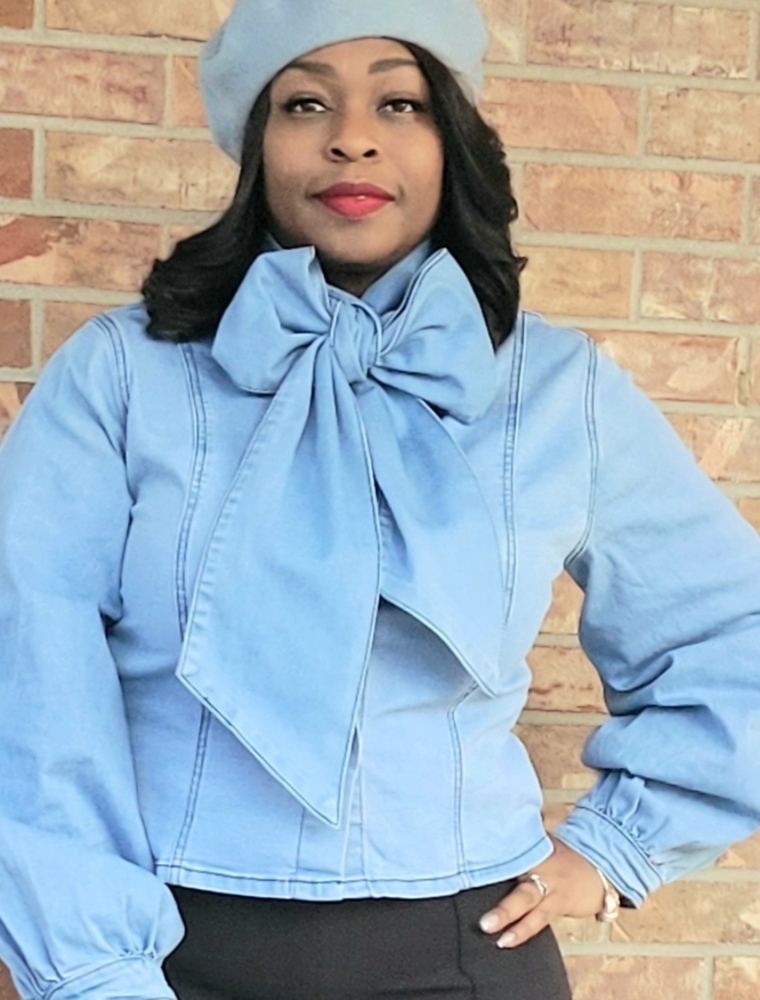 Denim Bow Tie Puffed Sleeve Top
